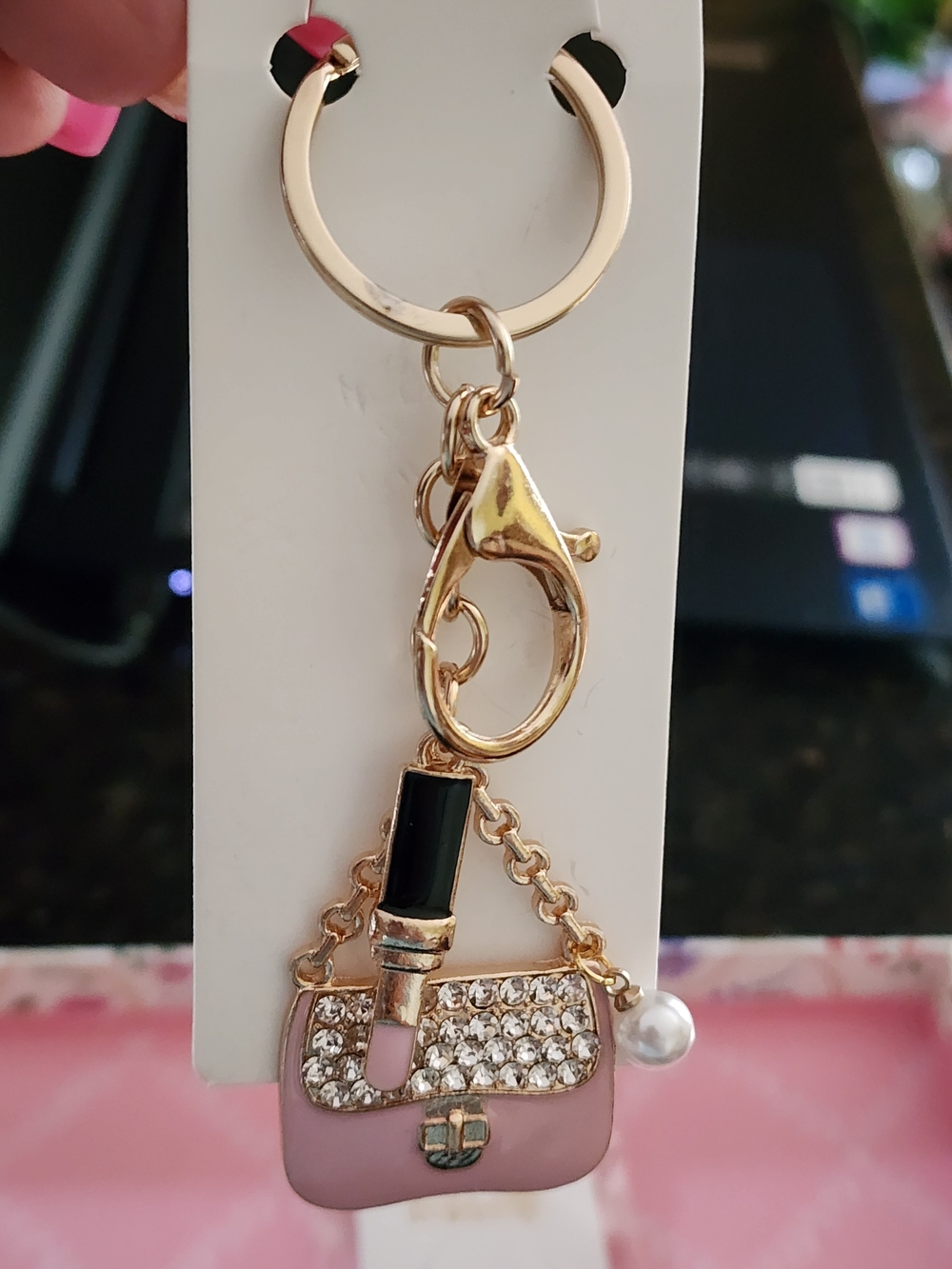 Rhinestone Lipstick & Purse Keychain Charm — Pink or Red - Picture 3 of 4